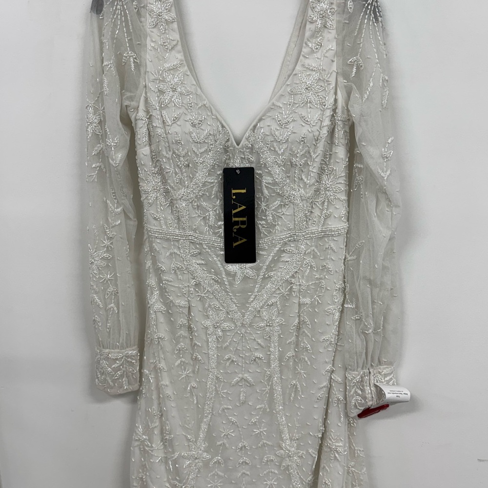 LARA Long Sleeve Dress in White with Silver Embroidery